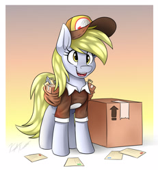 Size: 2500x2700 | Tagged: safe, artist:kaylerustone, derpibooru import, derpy hooves, pegasus, pony, bag, box, cardboard box, female, high res, letter, mailmare, mare, open mouth, package, saddle bag, scroll, solo