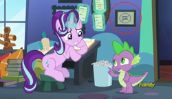 Size: 1280x738 | Tagged: safe, derpibooru import, edit, edited screencap, screencap, spike, starlight glimmer, dragon, pony, unicorn, every little thing she does, framed picture, op is a slowpoke, poster, reformed, sitting, slowpoke, starlight's room, stool, ≠