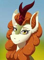 Size: 2000x2692 | Tagged: safe, artist:twotail813, derpibooru import, autumn blaze, kirin, equestria at war mod, bust, female, horn, looking at you, portrait, smiling, solo