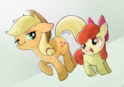 Size: 1457x1032 | Tagged: safe, artist:mochi_nation, derpibooru import, apple bloom, applejack, earth pony, pony, adorabloom, cute, duo, female, filly, floppy ears, jackabetes, mare, open mouth, palindrome get, siblings, sisters, smiling