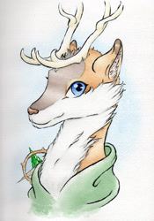 Size: 2051x2924 | Tagged: safe, artist:quill-name, derpibooru import, oc, oc only, oc:tyandaga, deer, antlers, bust, cheek fluff, clothes, deer oc, ear fluff, head, high res, looking at you, male, smiling, solo, traditional art