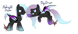 Size: 3666x1636 | Tagged: safe, artist:nightfoxgangsters, derpibooru import, oc, oc only, oc:day dream, oc:midnight dream, bat pony, angry, bat pony oc, bat wings, discussion, flying, simple background, transparent background, wings