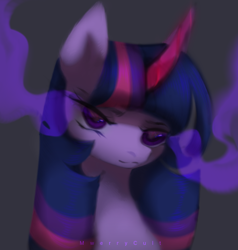 Size: 506x531 | Tagged: safe, artist:mwerrycult, derpibooru import, twilight sparkle, pony, bust, female, glowing horn, horn, mare, portrait, possessed, signature, solo, sombra eyes