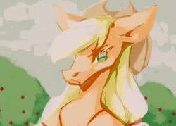 Size: 1400x1000 | Tagged: safe, artist:mwerrycult, derpibooru import, applejack, earth pony, pony, apple, apple tree, applejack's hat, bust, cloud, cowboy hat, digital painting, female, frown, hat, hoers, mare, portrait, sky, solo, tree