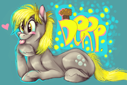 Size: 1197x798 | Tagged: safe, artist:ablebodiedcitizen, derpibooru import, derpy hooves, pony, :p, blue background, blushing, cute, derp, derpabetes, female, heart, hoof under chin, mare, simple background, solo, text, tongue out, wingless