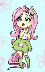 Size: 1046x1667 | Tagged: safe, artist:ameliacostanza, derpibooru import, fluttershy, equestria girls, blushing, breasts, chibi, cleavage, cute, eyeshadow, hootershy, makeup, open mouth, ponied up, shyabetes, solo