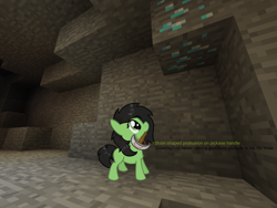 Size: 2000x1500 | Tagged: safe, artist:craftycirclepony, oc, oc only, oc:anon filly, earth pony, pony, adoranon, cave, chest fluff, cute, diamond, diamond ore, error, female, filly, iron pickaxe, looking up, minecraft, mouth hold, smol, solo, starry eyes, text, this will end in death, vulgar, wingding eyes