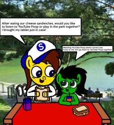 Size: 1904x2092 | Tagged: safe, artist:sebtheartist, oc, oc only, oc:anon filly, oc:ponyseb, human, pegasus, bench, cheese sandwich (food), digital art, female, filly, food, grass, irl, irl human, juice, juice box, lake, photo, picnic, plastic bag, sandwich, speech bubble, stranger danger, tablecloth, tree