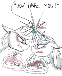 Size: 800x975 | Tagged: safe, artist:haden-2375, derpibooru import, princess celestia, princess luna, alicorn, pony, angry, bite mark, cake, duo, faceoff, female, food, grayscale, horn, horns are touching, looking at each other, magic, mare, monochrome, s1 luna, sketch, telekinesis