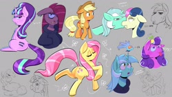 Size: 1920x1080 | Tagged: safe, artist:another_pony, derpibooru import, applejack, big macintosh, bon bon, fluttershy, lyra heartstrings, pinkie pie, screwball, starlight glimmer, sweetie drops, twilight sparkle, unicorn twilight, earth pony, parasprite, pegasus, pony, unicorn, fanfic:background pony, art dump, big macintosh is not amused, bon bon is not amused, butt, chest fluff, cigarette, clothes, derp, equal cutie mark, floppy ears, gray background, hoodie, looking at you, nom, nope, piercing, pinkamena diane pie, plot, s5 starlight, simple background, smoking, starlight is not amused, tongue out, unamused
