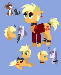 Size: 2310x2832 | Tagged: safe, artist:sandieapple, derpibooru import, applejack, inky rose, winona, cat, dog, earth pony, pegasus, pony, alternate hairstyle, anklet, blue background, chest fluff, choker, ear piercing, earring, eyeshadow, female, flannel, freckles, grin, heart, inkyjack, jewelry, lesbian, makeup, mare, mouth hold, piercing, question mark, shipping, simple background, smiling, spiked choker, spiked wristband, wristband