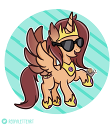 Size: 1200x1351 | Tagged: safe, artist:redpalette, derpibooru import, oc, alicorn, alicorn oc, crown, flying, horn, jewelry, regalia, smiling, sunglasses, swag, wings