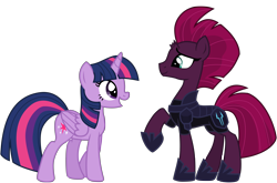 Size: 12535x8272 | Tagged: safe, artist:ejlightning007arts, derpibooru import, tempest shadow, twilight sparkle, twilight sparkle (alicorn), alicorn, unicorn, my little pony: the movie, armor, base used, broken horn, cute, female, horn, lesbian, open mouth, raised hoof, shipping, simple background, tempestlight, transparent background, vector