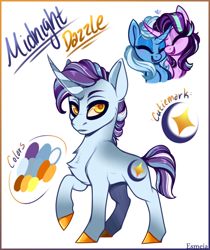 Size: 700x833 | Tagged: safe, artist:esmeia, derpibooru import, starlight glimmer, trixie, oc, oc:midnight dazzle, pony, unicorn, female, lesbian, magical lesbian spawn, male, offspring, parent:starlight glimmer, parent:trixie, parents:startrix, shipping, startrix