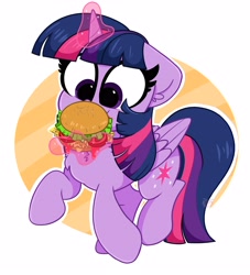 Size: 3000x3300 | Tagged: safe, artist:kittyrosie, derpibooru import, twilight sparkle, twilight sparkle (alicorn), alicorn, abstract background, burger, chest fluff, ear fluff, eating, floppy ears, food, glowing horn, hay, hay burger, horn, lettuce, magic, simple background, telekinesis, that pony sure does love burgers, tomato, twilight burgkle