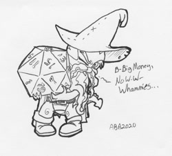 Size: 1106x1000 | Tagged: safe, artist:abronyaccount, derpibooru import, spike, dragon, black and white, d20, dice, dungeons and dragons, garbuncle, grayscale, hat, ink drawing, inktober, inktober 2020, male, monochrome, ogres and oubliettes, pen and paper rpg, rpg, solo, traditional art, wizard hat