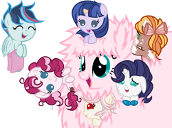 Size: 1278x954 | Tagged: safe, artist:anno酱w, derpibooru import, oc, oc:apple harvest, oc:emerald jade, oc:flora shy, oc:fluffle puff, oc:planet twinkle, oc:rushing storm, oc:strawberry cake(anno), dracony, dragon, earth pony, hybrid, pegasus, pony, unicorn, baby, baby pony, base used, bow, curly hair, eyes closed, flying, freckles, interspecies offspring, offspring, parent:applejack, parent:cheese sandwich, parent:discord, parent:flash sentry, parent:fluttershy, parent:pinkie pie, parent:rainbow dash, parent:rarity, parent:soarin', parent:spike, parent:trouble shoes, parent:twilight sparkle, parents:cheesepie, parents:discoshy, parents:flashlight, parents:soarindash, parents:sparity, parents:troublejack, simple background