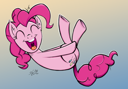 Size: 2916x2036 | Tagged: safe, artist:fladdrarblyg, derpibooru import, pinkie pie, earth pony, pony, diving, eyes closed, female, gradient background, high res, mare, open mouth, solo, white outline