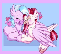 Size: 1109x978 | Tagged: safe, artist:twisted-sketch, derpibooru import, silverstream, oc, oc:velvet skies, adoraskies, canon x oc, commission, cuddling, cute, diastreamies, eyes closed, female, hug, jewelry, lesbian, necklace, open mouth, shipping, simple background, snuggling, velvestream