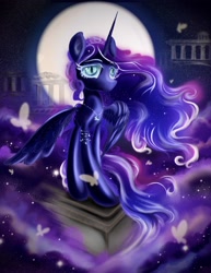 Size: 2550x3300 | Tagged: safe, artist:eris azure, derpibooru import, nightmare moon, alicorn, butterfly, pony, cloud, eyebrows, jewelry, mane, moon, necklace, sky, solo, stars