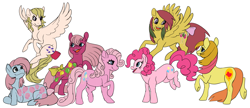 Size: 2500x1080 | Tagged: safe, artist:cyclone62, derpibooru import, pinkie pie, pinkie pie (g3), surprise, earth pony, pegasus, pony, g1, g2, g3, bow, festivities, floater, g1 to g4, g2 to g4, g3 to g4, generation leap, mommy sweet celebrations, simple background, tail bow, up up and away, white background