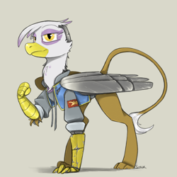 Size: 1100x1100 | Tagged: safe, artist:sinrar, derpibooru import, gilda, griffon, artificial wings, augmented, cyberpunk, female, looking at you, mechanical wing, prosthetics, solo, solo female, wings