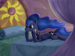 Size: 4724x3543 | Tagged: safe, artist:lin feng, derpibooru import, princess luna, alicorn, pony, bed, solo