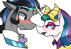 Size: 789x550 | Tagged: safe, alternate version, derpibooru import, king sombra, princess celestia, alicorn, pony, unicorn, alternate hairstyle, blushing, celestibra, evil, evil celestia, female, good king sombra, lipstick, looking at each other, makeup, male, mirror universe, shipping, straight