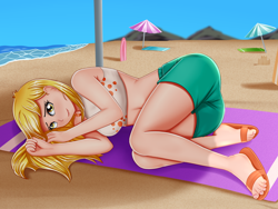 Size: 2000x1500 | Tagged: safe, artist:focusb, derpibooru import, derpy hooves, equestria girls, breasts, clothes, cute, derpabetes, derpy loaves, feet, human coloration, looking at you, ocean, sand, sandals, solo, swimsuit, umbrella, water