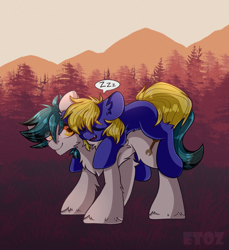 Size: 2200x2400 | Tagged: safe, artist:etoz, derpibooru import, oc, oc only, oc:ironsides, oc:spore, earth pony, pony, commission, cute, earth pony oc, forest, grass, happy, lying, lying down, lying on top of someone, male, mountain, sky, sleeping, snore, stallion, tree