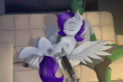 Size: 4850x3250 | Tagged: safe, artist:singovih, derpibooru import, oc, oc:anon, oc:morning glory (project horizons), human, pegasus, pony, fallout equestria, commission, cute, daaaaaaaaaaaw, dock, female, human on pony snuggling, laser rifle, mare, snuggling, sweet dreams fuel, window