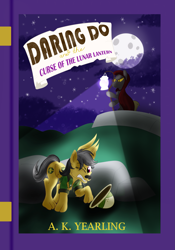 Size: 1797x2565 | Tagged: safe, artist:sixes&sevens, derpibooru import, daring do, hengstwolf, werewolf, book cover, cloak, clothes, cover, drool, full moon, lantern, moon, transformation