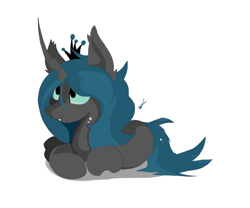 Size: 3552x2952 | Tagged: safe, artist:groomlake, derpibooru import, queen chrysalis, changeling, changeling queen, pony, colored, crown, curved horn, cute, cutealis, female, horn, jewelry, love, lying down, mare, regalia, simple, simple background, solo, solo female, spots, white background