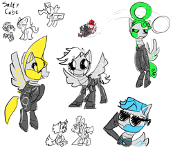 Size: 2400x2064 | Tagged: safe, artist:saltycube, derpibooru import, earth pony, pegasus, pony, robot, unicorn, clothes, female, male, no straight roads, ponified, simple background, sketch, sunglasses, white background