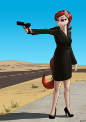 Size: 1419x2000 | Tagged: safe, artist:apocheck13, derpibooru import, oc, anthro, earth pony, plantigrade anthro, pony, anthro oc, clothes, coat, desert, female, gun, high heels, mare, nudity, shoes, solo, solo female, weapon