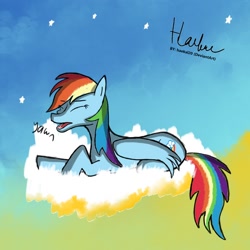 Size: 1080x1080 | Tagged: safe, artist:haekal20, derpibooru import, rainbow dash, pegasus, pony, cloud, female, mare, solo, stars, tired, yawn