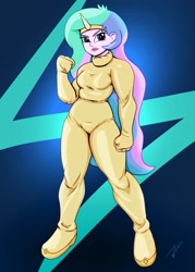 Size: 2500x3500 | Tagged: safe, artist:durdevul, derpibooru import, princess celestia, principal celestia, equestria girls, abstract background, alternate universe, bodysuit, clenched fist, clothes, commission, fake horn, female, fist, headband, high res, raised fist, solo, superhero, superhero celestia