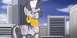 Size: 2160x1080 | Tagged: safe, artist:calebtyink, derpibooru import, zecora, building, city, female, giant zebra, giant/giantess/macro zecora, giantess, looking down, macro, mega zecora, this well end in rampage, zecora is not amused