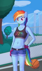 Size: 3000x5000 | Tagged: safe, alternate version, artist:irisarco, derpibooru import, rainbow dash, anthro, pegasus, 20% cooler, abs, ball, basketball, belly button, belt, black belt, blue fur, blue wings, bow, breasts, bush, cellphone, city, clothes, cloud, confident, day, denim shorts, female, fence, fingerless gloves, gloves, grass, hand on hip, looking at you, midriff, multicolored mane, multicolored tail, outdoors, park, phone, pink eyes, rainbow tail, short shirt, shorts, sky, skyscraper, small breasts, smartphone, smiling, smiling at you, solo, sports, standing, tail, text, tomboy, tree, watermark, wings