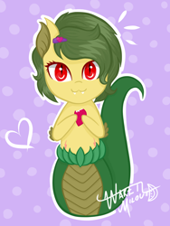 Size: 1050x1400 | Tagged: safe, artist:shappy the lamia, derpibooru import, oc, oc:shappy, earth pony, hybrid, lamia, original species, pony, collaboration, brooch, chibi, cute, eating, fanart, fangs, food, front view, green, green tail, happy, heart, holding, long tail, looking at you, love, pretty, radish, red eyes, scales, short hair, short mane, slit eyes, snake eyes, snake tail, solo, watermelon, yellow