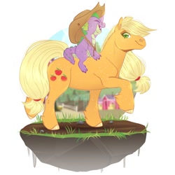 Size: 900x900 | Tagged: safe, artist:sadelinav, derpibooru import, applejack, spike, dragon, earth pony, pony, accessory swap, dragons riding ponies, hat, riding