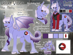 Size: 2732x2048 | Tagged: safe, artist:sursiq, derpibooru import, oc, oc:velvet vision, bat pony, pony, bat pony oc, bat wings, chibi, colored wings, cutie mark, ear fluff, fangs, forked tongue, intimidating, long hair, long mane, long tail, male, multicolored hair, multicolored mane, multicolored tail, multicolored wings, outfit, pony oc, ponytail, red eyes, reference sheet, slit eyes, solo, spread wings, unshaded, wings