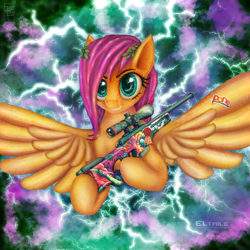 Size: 2000x2000 | Tagged: safe, artist:eltaile, derpibooru import, fluttershy, pegasus, pony, awp, banana, counter-strike, counter-strike: global offensive, female, flying, food, gun, laurel wreath, lightning, rifle, sniper rifle, snipershy, solo, sticker, thunder, weapon, wings