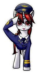 Size: 708x1278 | Tagged: safe, alternate version, artist:colourwave, derpibooru import, oc, oc only, oc:blackjack, pony, unicorn, fallout equestria, fallout equestria: project horizons, :p, aeroflot logo, broken anatomy, clothes, cute, cyber eyes, fanfic art, female, hammer and sickle, helicopter pilot, horn, looking at you, mlem, non canon, o7, pilot, salute, silly, simple background, solo, sticker, tongue out, transparent background, uniform