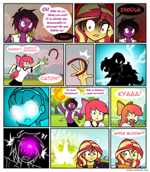 Size: 784x898 | Tagged: safe, artist:crydius, derpibooru import, apple bloom, sunset satan, sunset shimmer, oc, oc:eldritch, oc:feral (crydius), oc:gamma, robot, comic:the first year's dodgeball competition, angry, comic, explosion, female, fire, glowing eyes, gynoid, headband, magical lesbian spawn, offspring, open mouth, parent:oc:crydius, parent:sci-twi, parent:sunset shimmer, parent:tempest shadow, parents:scitwishimmer, this will end in death, this will end in tears, this will end in tears and/or death