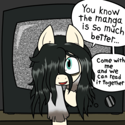 Size: 900x900 | Tagged: safe, artist:scraggleman, derpibooru import, oc, oc only, oc:floor bored, /mlp/, adoracreepy, animated, creepy, cute, dialogue, drawthread, jumpscare, requested art, samara morgan, solo, talking to viewer, television, the ring