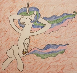 Size: 1870x1762 | Tagged: safe, anonymous artist, derpibooru import, princess celestia, alicorn, pony, /mlp/, crossed legs, drawthread, hooves behind head, lying down, on back, requested art, solo, traditional art