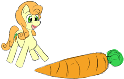 Size: 1194x766 | Tagged: safe, anonymous artist, derpibooru import, carrot top, earth pony, pony, /mlp/, carrot, cute, drawthread, food, happy, open mouth, requested art, simple background, solo, white background