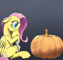 Size: 2000x1900 | Tagged: safe, anonymous artist, derpibooru import, fluttershy, pegasus, pony, /mlp/, carving, drawthread, gradient background, halloween, holiday, jack-o-lantern, knife, pumpkin, requested art, scared, solo