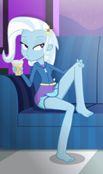 Size: 1100x1853 | Tagged: safe, alternate version, artist:grapefruitface1, derpibooru import, trixie, equestria girls, barefoot, base used, bedroom eyes, clothes, drinking, drinking straw, feet, looking to side, night, sitting, sitting pretty, solo, window